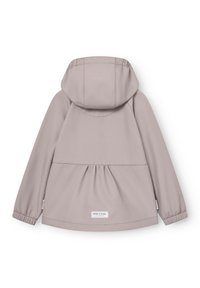 Otroški vijolični pulover s kapuco, z elastičnimi manšetami in nabranim detajlom na hrbtu, prikazan od zadaj na belem ozadju.