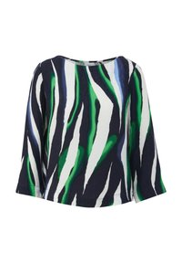 Blouse à manches longues avec de larges rayures vertes, noires, blanches et bleues, dotée d'un col rond et d'une coupe ample.