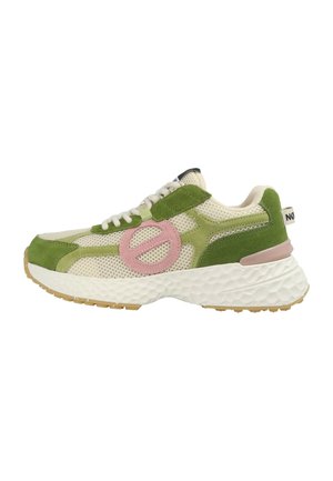 Green suede and mesh sneaker with pink logo detail, textured white midsole, and gum rubber outsole. Lace-up design, sporty shape.
