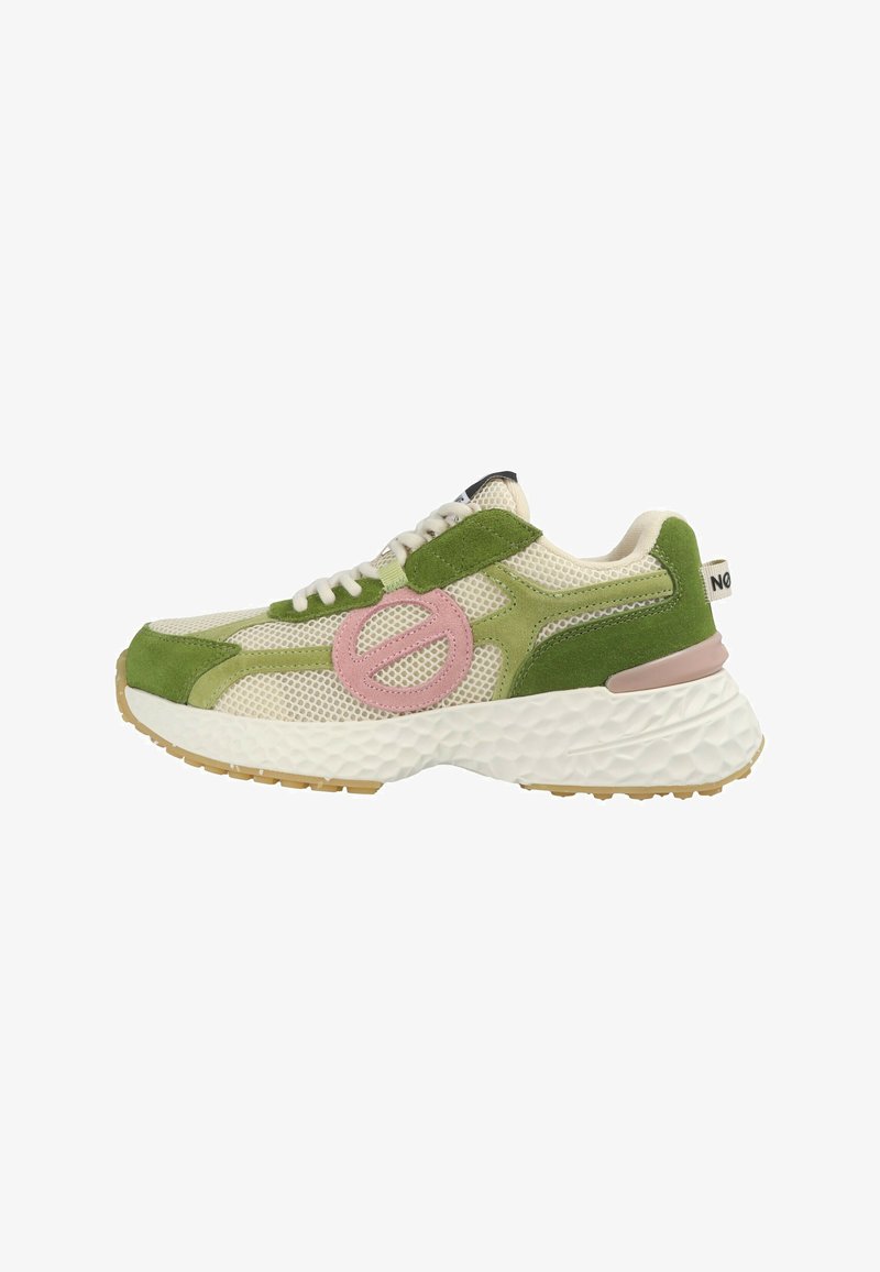 Green suede and mesh sneaker with pink logo detail, textured white midsole, and gum rubber outsole. Lace-up design, sporty shape.