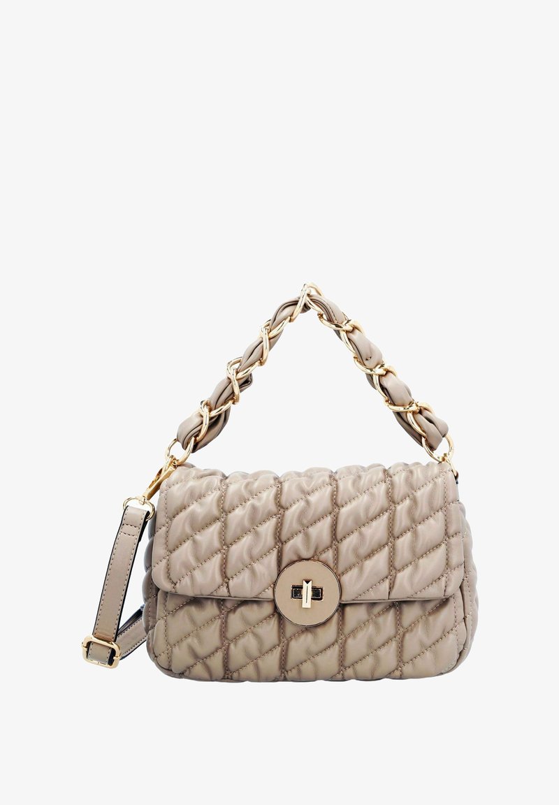 Beige leren handtas met quilted patroon, gouden gedraaide kettinghandvat, voorklep met ronde gouden draaislotsluiting en verstelbare schouderriem.