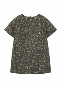 Robe grise à manches courtes avec un imprimé léopard brun et beige. Confectionnée dans un tissu texturé, elle possède une fermeture éclair au dos et un col arrondi.