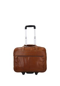 Brown leather rolling briefcase with telescoping handle extended and front zippered pocket, set against a white background.