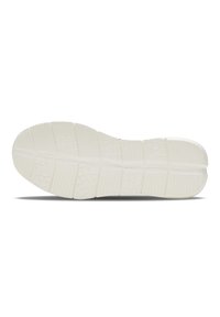 Shoe sole in white rubber, featuring a textured surface with grooves and patterns for traction. Flat design with a rounded toe.