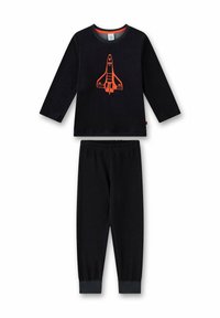 Schwarzes Schlafanzugset mit langärmeliger Oberteile, das ein oranges Raketendesign zeigt. Weicher Stoff, elastischer Bund an der Hose, gerippte Bündchen.