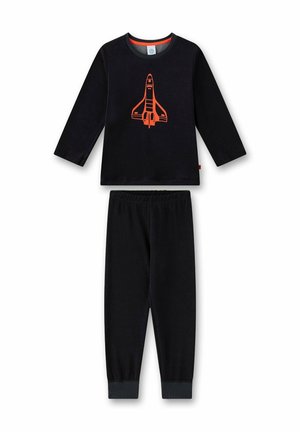 Schwarzes Schlafanzugset mit langärmeliger Oberteile, das ein oranges Raketendesign zeigt. Weicher Stoff, elastischer Bund an der Hose, gerippte Bündchen.