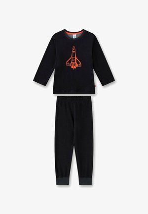 Schwarzes Schlafanzugset mit langärmeliger Oberteile, das ein oranges Raketendesign zeigt. Weicher Stoff, elastischer Bund an der Hose, gerippte Bündchen.