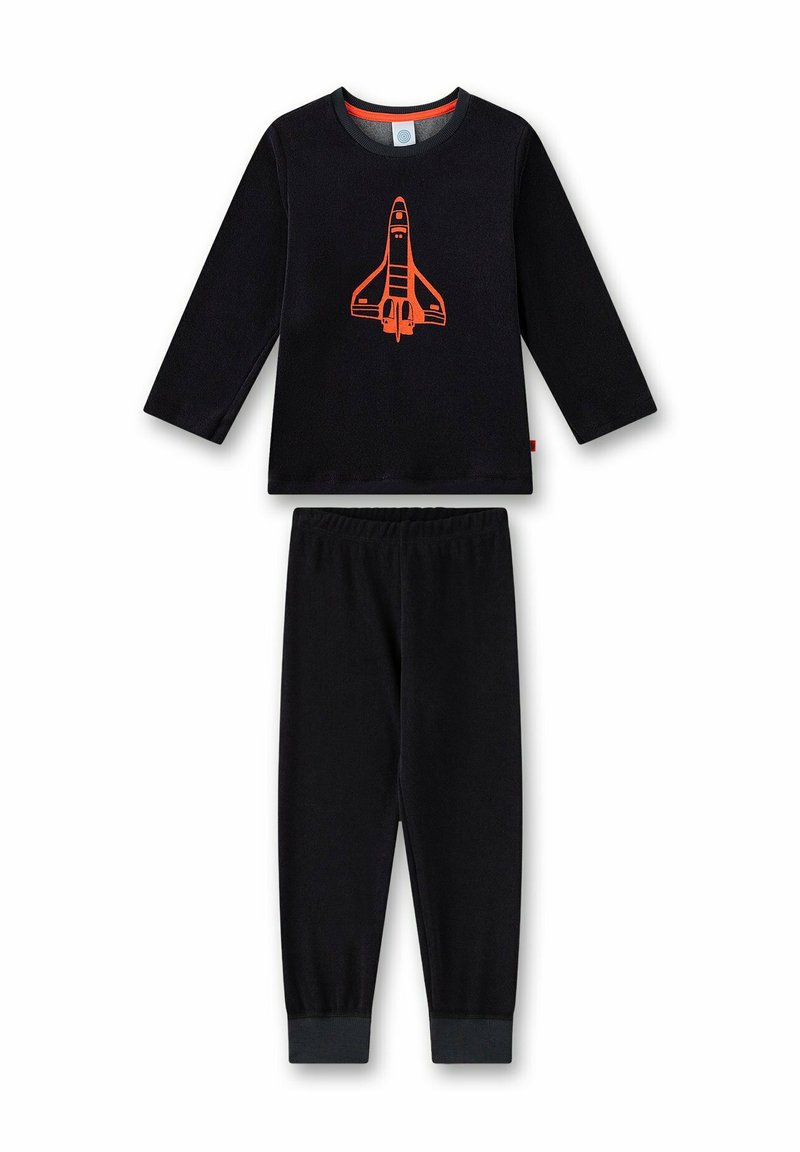 Schwarzes Schlafanzugset mit langärmeliger Oberteile, das ein oranges Raketendesign zeigt. Weicher Stoff, elastischer Bund an der Hose, gerippte Bündchen.