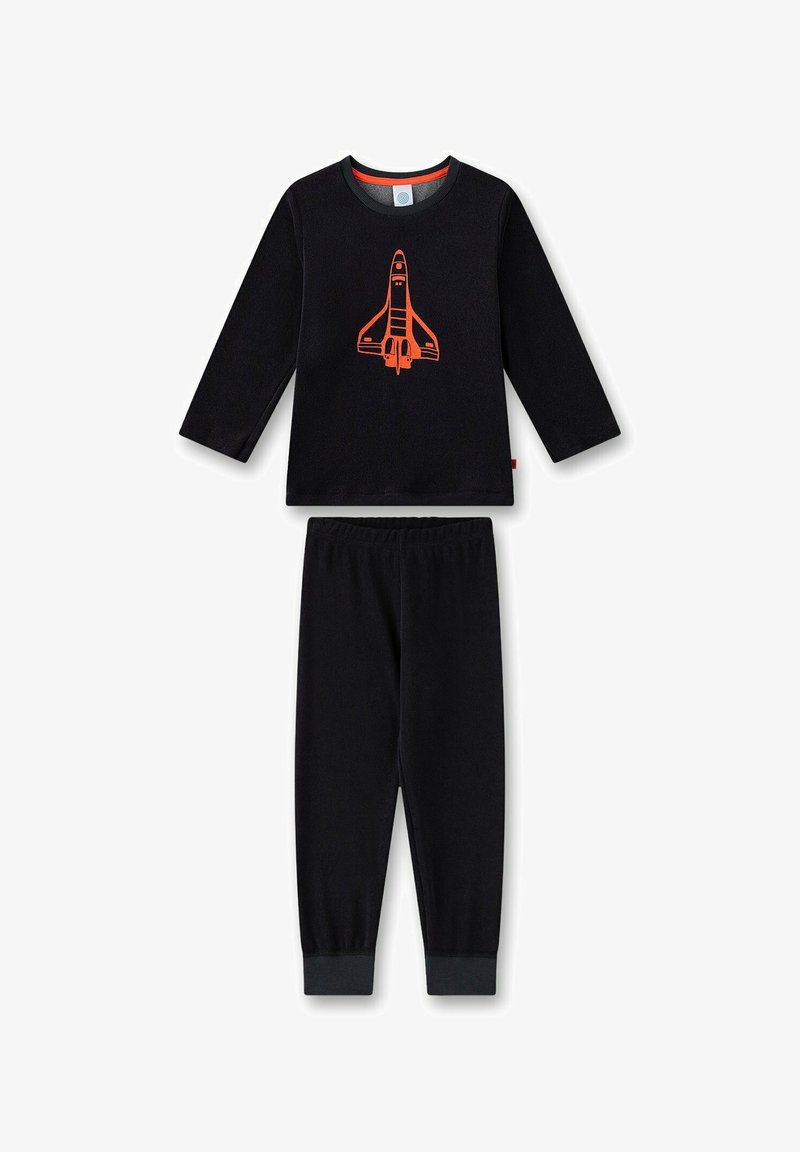 Schwarzes Schlafanzugset mit langärmeliger Oberteile, das ein oranges Raketendesign zeigt. Weicher Stoff, elastischer Bund an der Hose, gerippte Bündchen.