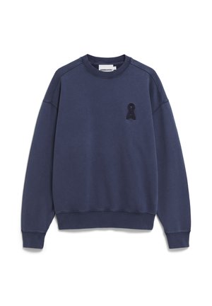 Navy sweatshirt made of cotton, featuring a round neckline, raglan sleeves, and embroidered ribbon logo on the chest. Classic fit.