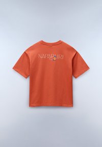 Short-sleeve, orange cotton t-shirt featuring "NAPAPIJRI" logo in white and graphic detail in blue and purple on the back. Crew neck design.