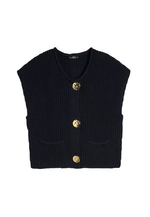 Granatowy, dzianinowy, bezrękawnik z dekoltem w kształcie V, z czterema dużymi guzikami w złotym kolorze i dwoma przednimi kieszeniami. Teksturowany materiał z ryżowym splotem.