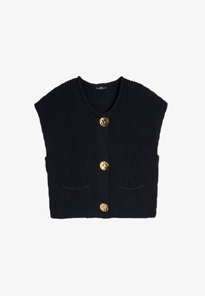 Granatowy, dzianinowy, bezrękawnik z dekoltem w kształcie V, z czterema dużymi guzikami w złotym kolorze i dwoma przednimi kieszeniami. Teksturowany materiał z ryżowym splotem.