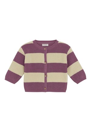 Kinder Strickjacke mit breiten horizontalen lila und cremefarbenen Streifen und Holzknöpfen vorne, langen Ärmeln und Rundhalsausschnitt.