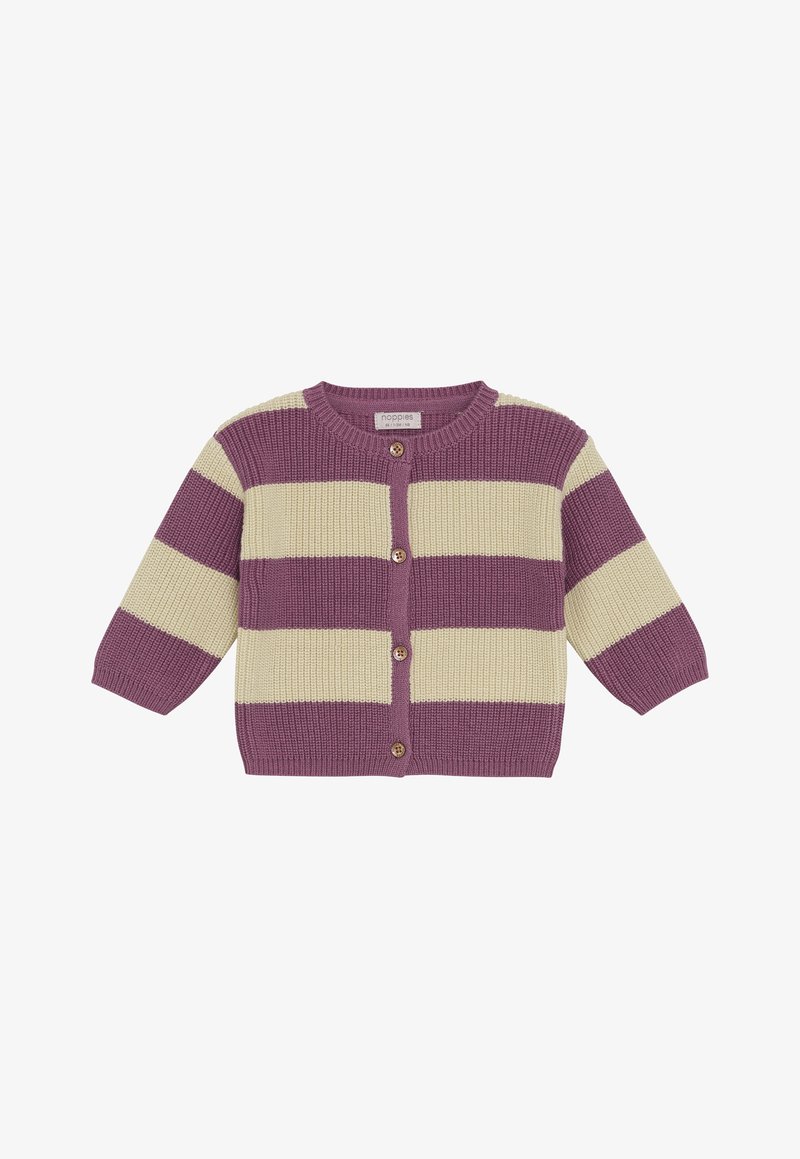 Cardigan en tricot pour enfants avec de larges rayures horizontales violettes et crème, boutons en bois sur le devant, manches longues, col rond.