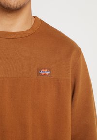 Hnědá pletená mikina s vroubkovaným kulatým výstřihem a malou nášivkou loga Dickies na horním levém hrudi. Texturovaná tkanina s hladkým povrchem.