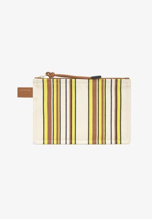 Pequeño estuche rectangular crema con rayas verticales en amarillo, marrón y negro, con cremallera marrón y tira de sujeción.