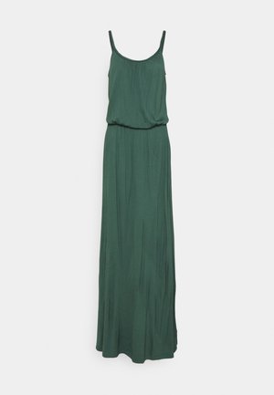 Donkergroene mouwloze maxi-jurk met dunne bandjes en een gerimpelde taille, weergegeven op een effen lichte achtergrond.