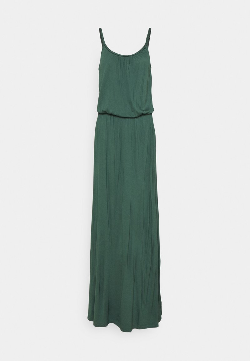 Robe longue sans manches vert foncé avec fines bretelles et taille froncée, présentée sur un fond clair uni.