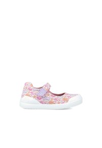 Zapato estilo Mary Jane con un patrón en rosa, naranja y púrpura. Parte superior de tela suave, suela de goma blanca y correa ajustable para un ajuste seguro.