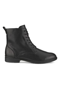 Botín negro de cuero a la altura del tobillo con diseño de cordones, puntera redondeada y una tira en la parte posterior. Textura suave con sutiles detalles de costura.