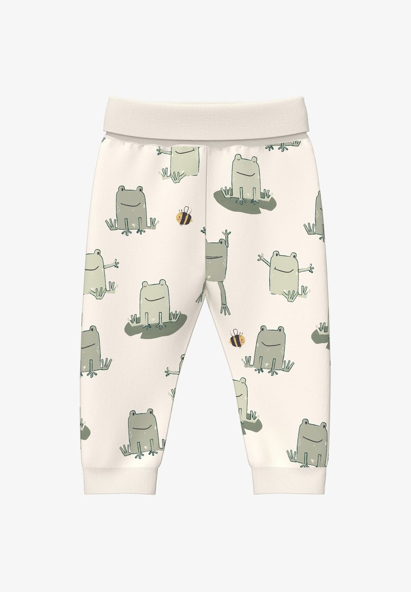 Pantalon pour bébé couleur crème orné de grenouilles vertes souriantes et de petites abeilles, avec une large ceinture et des poignets aux chevilles.