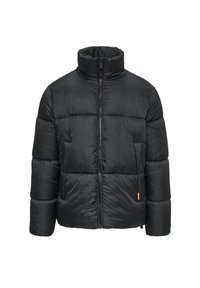 Zwarte gewatteerde jas met een hoge kraag, rits aan de voorkant en een oranje accent op de linkerzak. Glad textuur met een gestikte print.