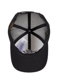 Sort kasket med en struktureret krone, meshsider og en buet skygge. Indersiden har et trykt design og et plejeetiket.