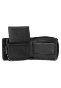 Portafoglio in pelle nera con design a zip, numerosi scomparti per carte e una finestra trasparente per l'identificazione. Interno testurizzato per un'ulteriore funzionalità.