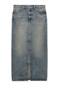 Džínová sukně v světle modré, střední délky, s předním rozparkem, klasickým pětivreckovým designem a zapínáním na horní knoflík. Měkká textura.