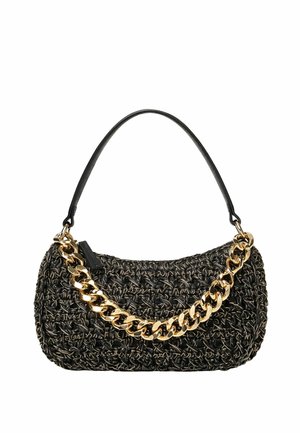 Borsa a tracolla nera intrecciata con dettaglio di catena d'oro spessa e sottile tracolla nera, forma rettangolare con bordi arrotondati.