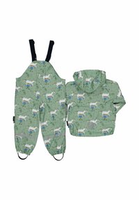 Grønne vandtætte overalls og jakke med et mønster af tegneserie heste og børn, med elastiske manchetter og justerbare stropper.