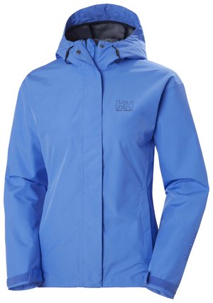 Blue waterproof jacket with a hood, featuring a zipper closure, drawstrings, and a logo on the chest. Smooth exterior, fitted design.