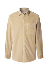 Camicia in corduroy beige con abbottonatura frontale, colletto, taschino singolo sul petto e maniche lunghe. Presenta un tessuto morbido e testurizzato.