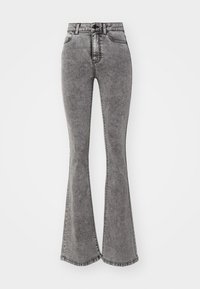 Jean gris taille haute effet acid wash, jambe évasée, fermeture par bouton et zip, poches avant.