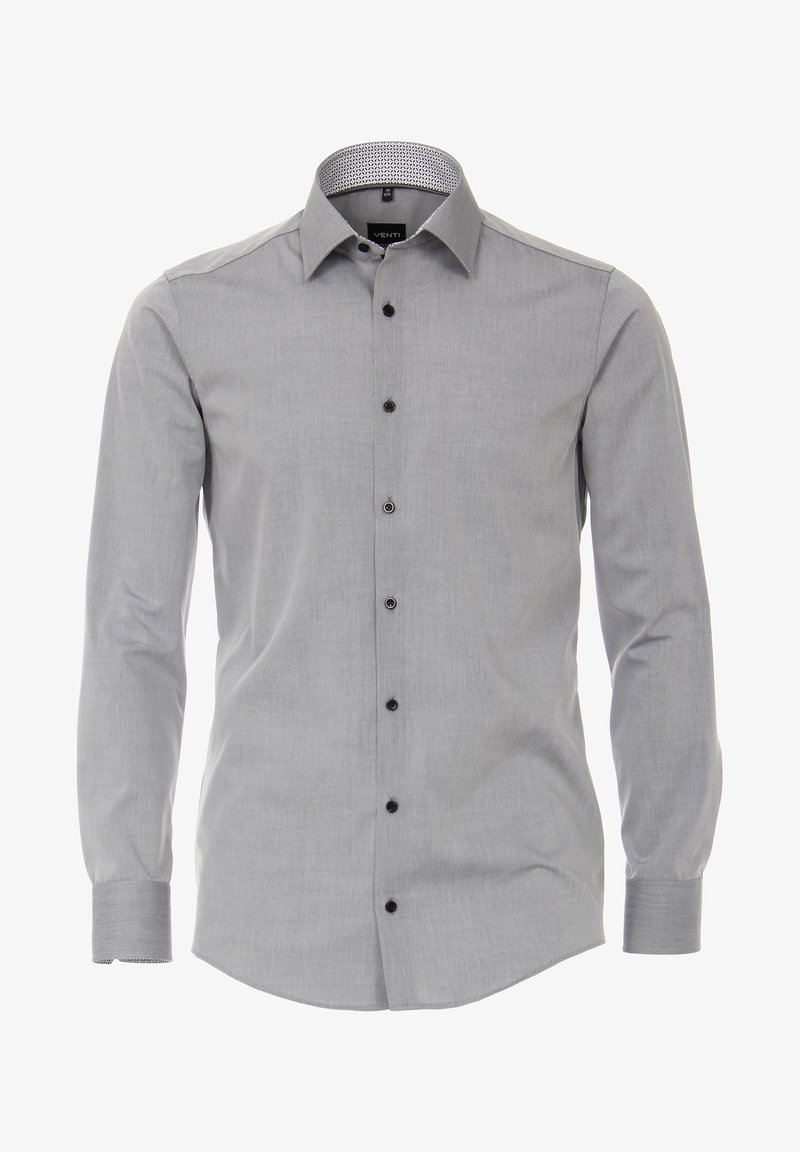 Chemise habillée homme gris clair à manches longues avec boutons noirs et col intérieur à motif, boutonnée et présentée de face.