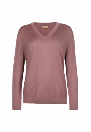 Lawendowy sweter z długim rękawem i dekoltem w serek, z prążkowanymi mankietami i dołem, wykonany z miękkiej dzianiny.