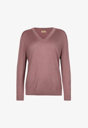 Mauvefarbener langärmeliger V-Ausschnitt-Pullover mit gerippten Bündchen und Saum, aus weichem Strickstoff gefertigt.