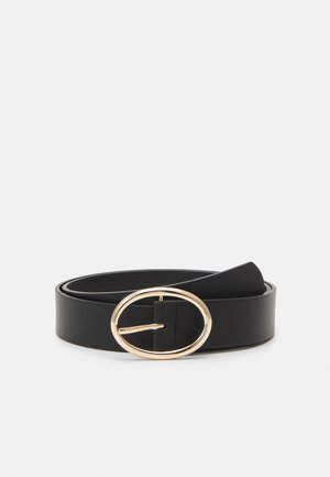 Black leather belt rolled with a gold oval buckle on a plain white background.