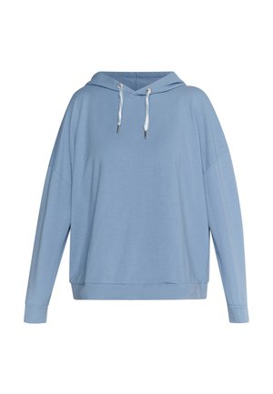 Hellblauer Pullover-Hoodie mit einer vorderen Tasche, Kordelzugkapuze, langen Ärmeln und lockerer Passform. Hergestellt aus weichem, leichtem Stoff.