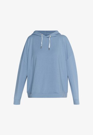 Haut à capuche bleu clair avec une poche avant, un cordon de serrage au niveau de la capuche, des manches longues et une coupe décontractée. Fabriqué en tissu doux et léger.