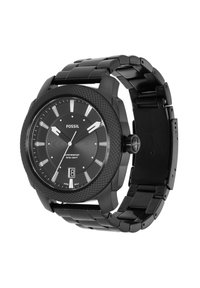 Sort rustfrit stål ur med en tekstureret bezel, sort urskive, lysende visere, datovisning og design med links til armbåndet. Vandafvisende.