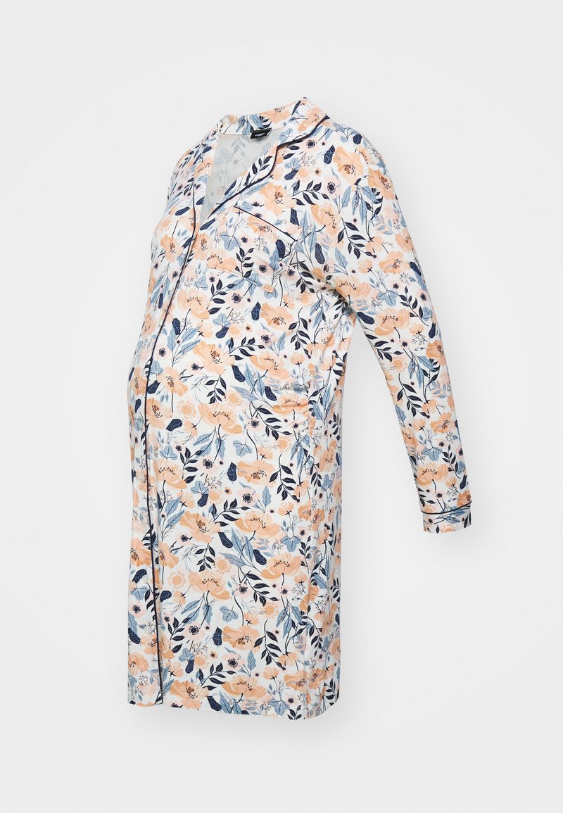 Άνετη μητρότητας νυχτικό με μακριά μανίκια, που διαθέτει σχέδιο με λουλούδια σε μπλε και ροζ χρώμα, γιακά, τσέπη στο στήθος και απαλό ύφασμα.