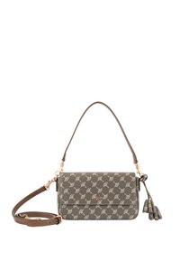 Crossbody taske i oliven grøn med et blomstermønster, lavet af syntetisk materiale. Har guld hardware og en dekorativ kvast.