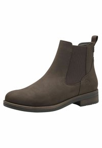 Brown suede ankle boots with elastic side panels, rounded toe, and low stacked heel. Features a pull tab at the back for easy wear.