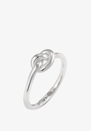 Sterling-Silberring mit verflochtenem Knotendesign. Glatte, polierte Oberfläche; minimalistischer Stil; mit eingestempeltem 925-Zeichen auf der Innenseite des Rings.