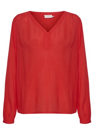Red, long-sleeve blouse in lightweight, sheer fabric. Features a V-neckline and subtle pleat detailing at the front for a relaxed fit.