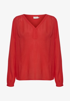 Crvena bluza dugih rukava od laganog, prozirnog materijala. Ima V-izrez i suptilne nabore sprijeda za opušteni kroj.