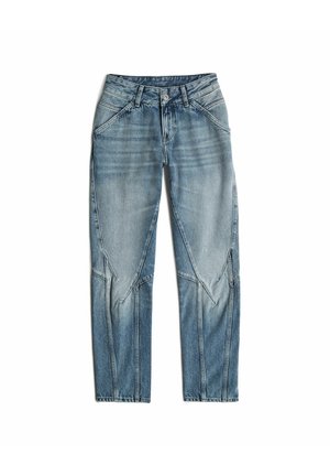 Blue denim jeans with a faded finish, featuring angular seams and a straight leg cut. Button closure and classic five-pocket design.
