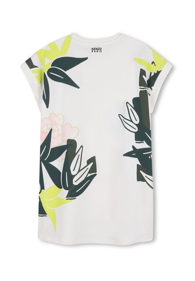 Chemise blanche à manches courtes avec de grandes impressions florales abstraites en vert, jaune et rose, et texte "KENZO PARIS" au centre du haut du dos.